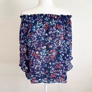 PARKER Navy Blue Floral Ruffle Half Sleeves Off The Shoulder Flowy Blouse XS